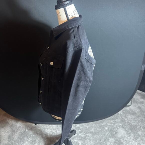 Women's Black Denim Jacket with Smiley Face - Picture 6 of 8